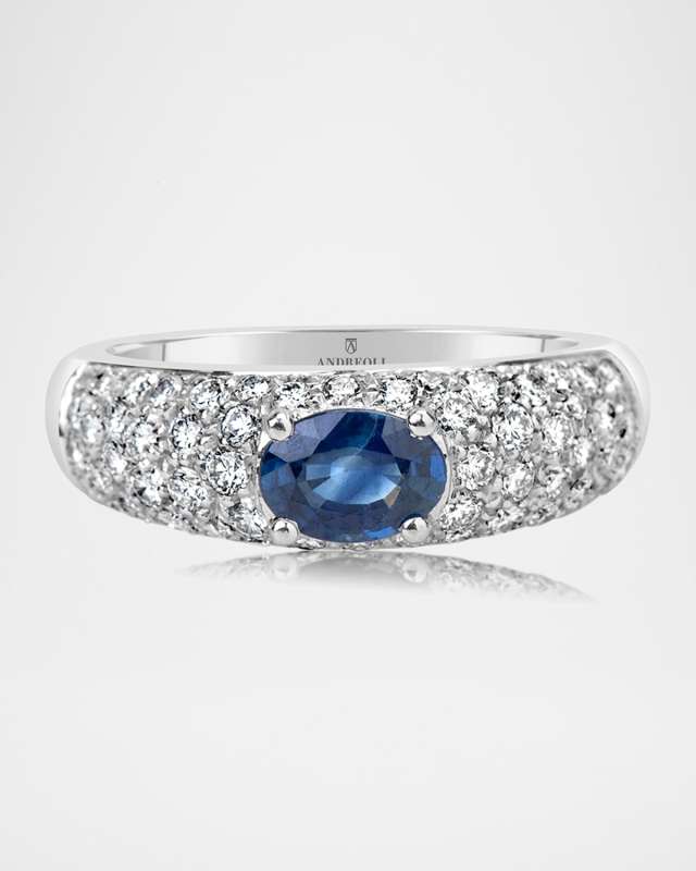 18K White Gold Ring with Diamonds and Blue Sapphire Oval, Size 7.5